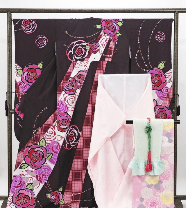 振袖 正絹 薔薇格子模様 5点セット 身丈168cm 裄丈66cm 袋帯 長襦袢 帯締め 帯揚げ 振袖セット リサイクル 中古 着物 e4091