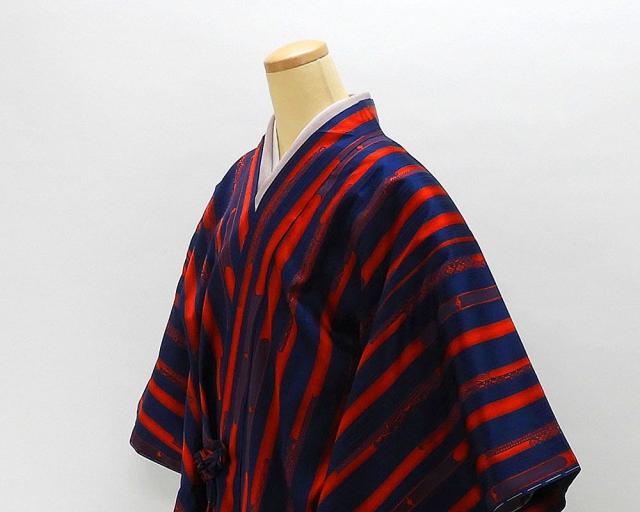 雨コート 新品仕立済 正絹 花菱幾何縞模様 身丈127cm 裄丈66.5cm