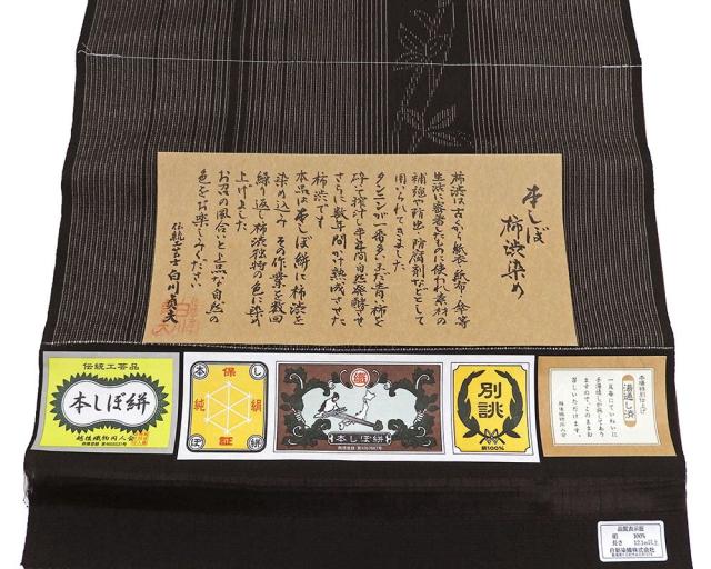 お召し 新品 正絹 伝統工芸士 白川貞夫 白新染織謹製 本しぼ絣 柿渋染め 縦縞 草葉 紬 反物 着物 新品 未仕立 d2029_4