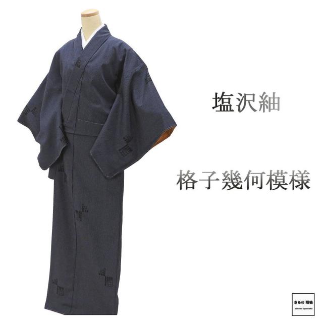 紬 未使用 正絹 塩沢紬 格子 幾何 身丈168.5cm 裄丈67.5cm 未着用 新古品 着物 カジュアル 街着 d4104