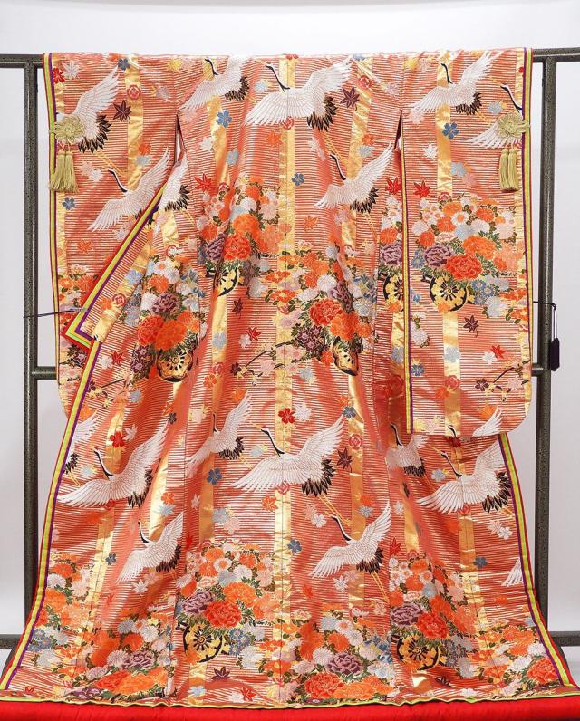 色打掛 正絹 舞鶴 四季花車 打掛 花嫁衣裳 婚礼 美品 中古 リサイクル ブライダル ウエディング 着物 e3202