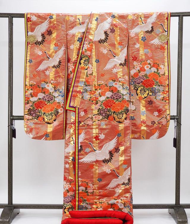 色打掛 正絹 舞鶴 四季花車 打掛 花嫁衣裳 婚礼 美品 中古 リサイクル