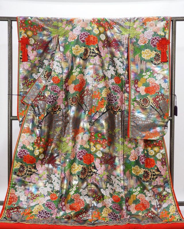 色打掛 正絹 四季花車 打掛 花嫁衣裳 婚礼 美品 中古 リサイクル ブライダル ウエディング 着物 e3211