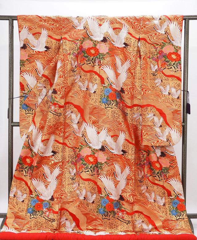色打掛 正絹 流水 舞鶴 四季花車 打掛 花嫁衣裳 婚礼 中古 リサイクル ブライダル ウエディング 着物 e3213