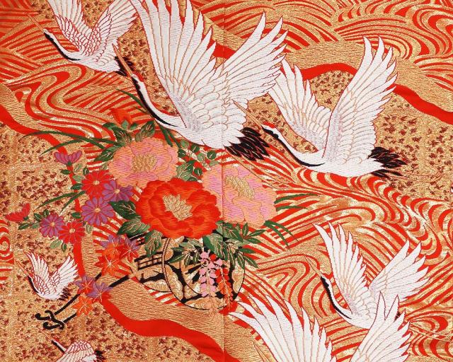 色打掛 正絹 流水 舞鶴 四季花車 打掛 花嫁衣裳 婚礼 中古 リサイクル