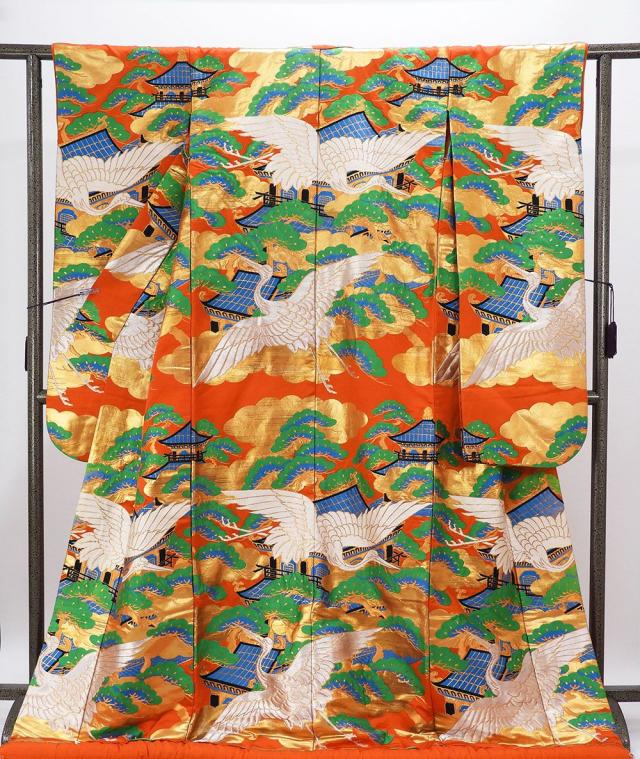 色打掛 正絹 吉祥 舞鶴 寺塔 打掛 花嫁衣裳 婚礼 中古 リサイクル ブライダル ウエディング 着物 e3215