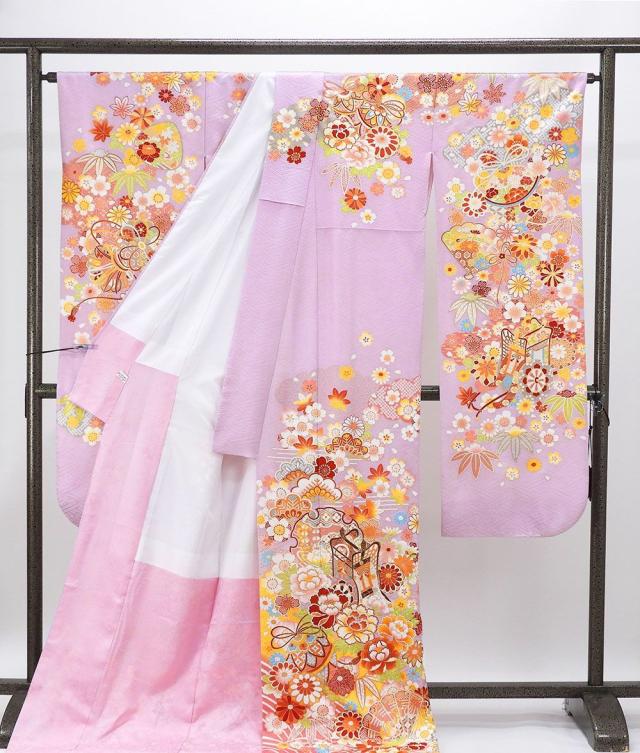 振袖 正絹 吉祥 四季花 御所車 身丈178cm 裄丈71.5cm 美品 トール 中古