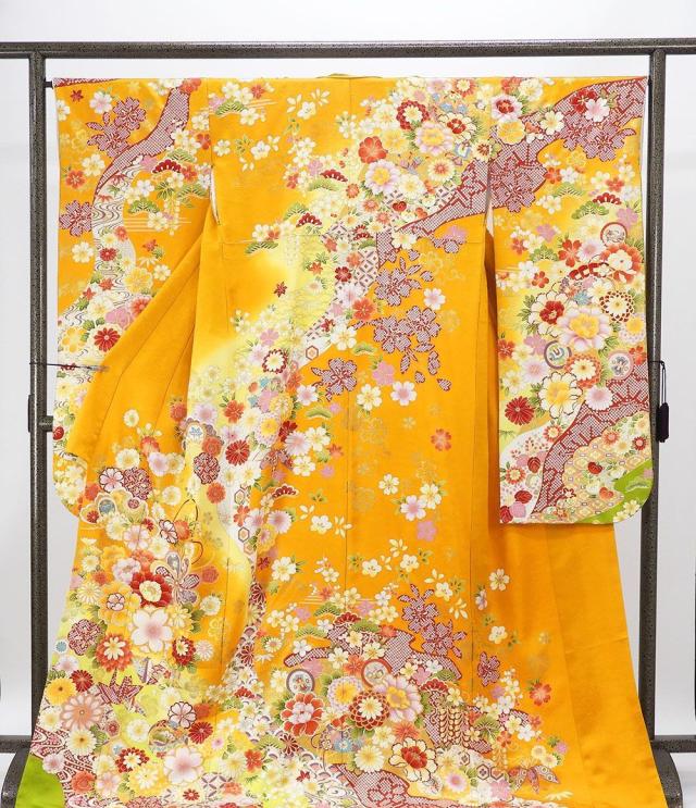 振袖 正絹 吉祥 四季花 折り鶴 身丈176.5cm 裄丈66cm 良品 中古