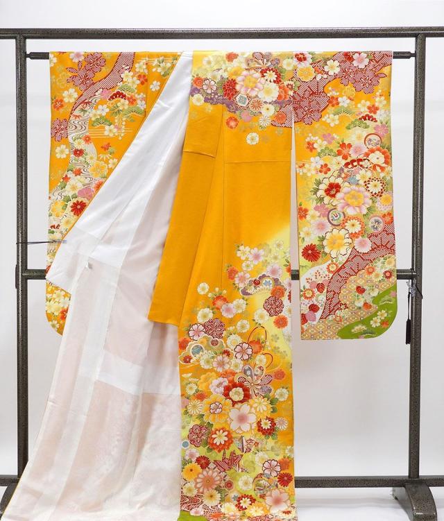 振袖 正絹 吉祥 四季花 折り鶴 身丈176.5cm 裄丈66cm 良品 中古