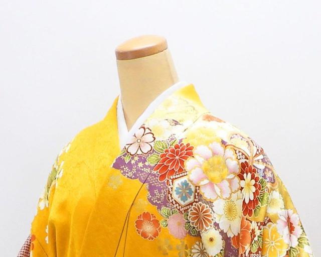 振袖 正絹 吉祥 四季花 折り鶴 身丈176.5cm 裄丈66cm 良品 中古