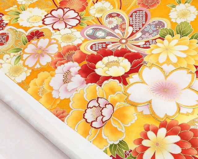 振袖 正絹 吉祥 四季花 折り鶴 身丈176.5cm 裄丈66cm 良品 中古