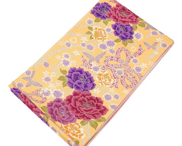 袋帯 交織 蝶々 花 振袖用 リサイクル 中古 フォーマル 礼装用