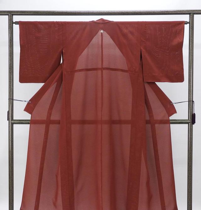 夏物 絽色無地 正絹 濃い茜 身丈152.5cm 裄丈63cm 丸に渡辺星 夏用 色