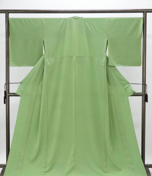 単衣 色無地 新品 仕立上がり 正絹 堅牢染 渋め浅緑 身丈164.5cm 裄丈68.5cm 仕立済 着物 wa5003_1
