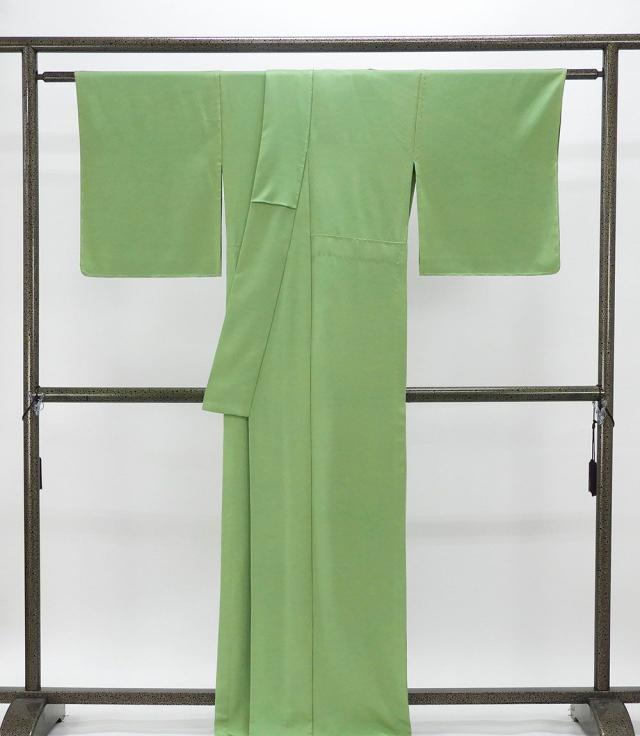 単衣 色無地 新品 仕立上がり 正絹 堅牢染 渋め浅緑 身丈164.5cm 裄丈68.5cm 仕立済 着物 wa5003_2