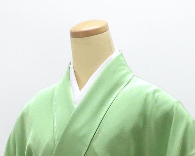 単衣 色無地 新品 仕立上がり 正絹 堅牢染 渋め浅緑 身丈164.5cm 裄丈68.5cm 仕立済 着物 wa5003_4