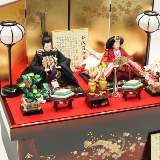 雛人形 収納飾り 浅黄 望月紀彦 芥子 親王 雪輪桜刺繍 箔押し金屏風