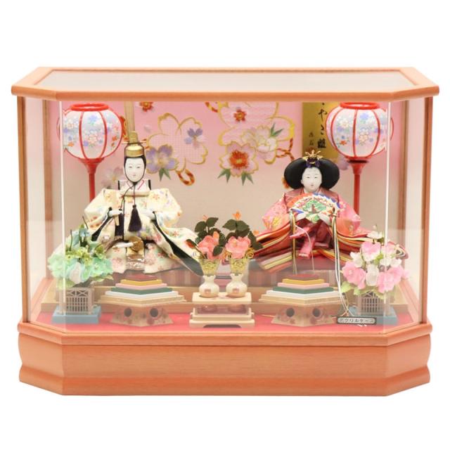 雛人形 ケース飾り さやか 藤扇 三五 親王 ピンク塗り六角パノラマ