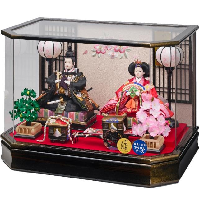 雛人形 ケース飾り 優美 三五 親王飾り 幅53cm 六角 アクリルケース 金