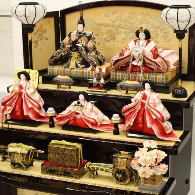 雛人形 段飾り 京極 七番/大三五 五人 花梨塗り金彩桂橋屏風