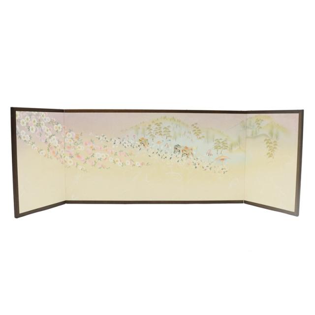 アウトレット品 屏風 屏風のみ 13号 三曲本仕立 クルミ塗 金彩 花見行列 幅100〜105cm (23a-ya-0229) インテリア ディスプレイ 見切処分品