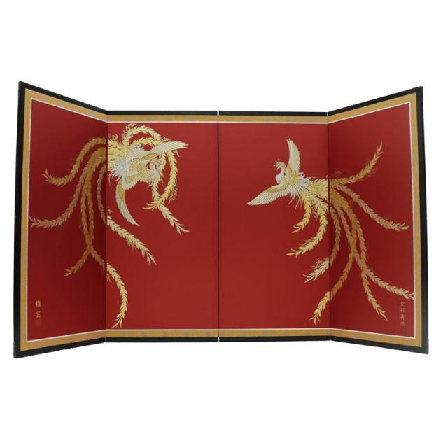 アウトレット品 屏風 屏風のみ 30号 四曲屏風 赤地 鳳凰 幅130〜140cm (