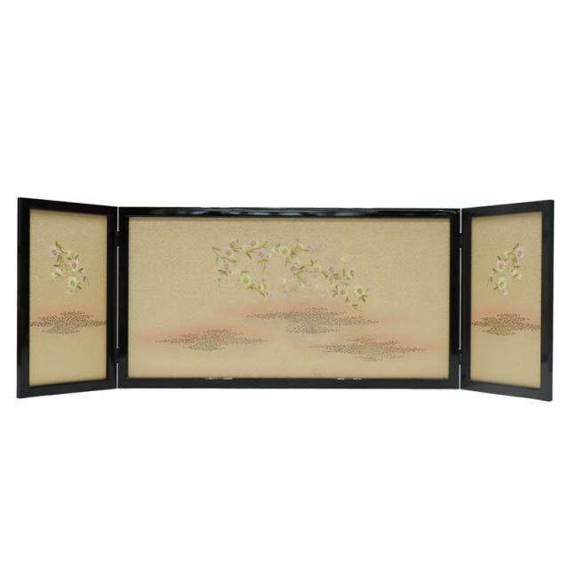 アウトレット品 屏風 屏風のみ 15号 三曲黒枠屏風 パール桜刺繍 幅115〜120cm (23a-ya-0438) インテリア ディスプレイ 見切処分品