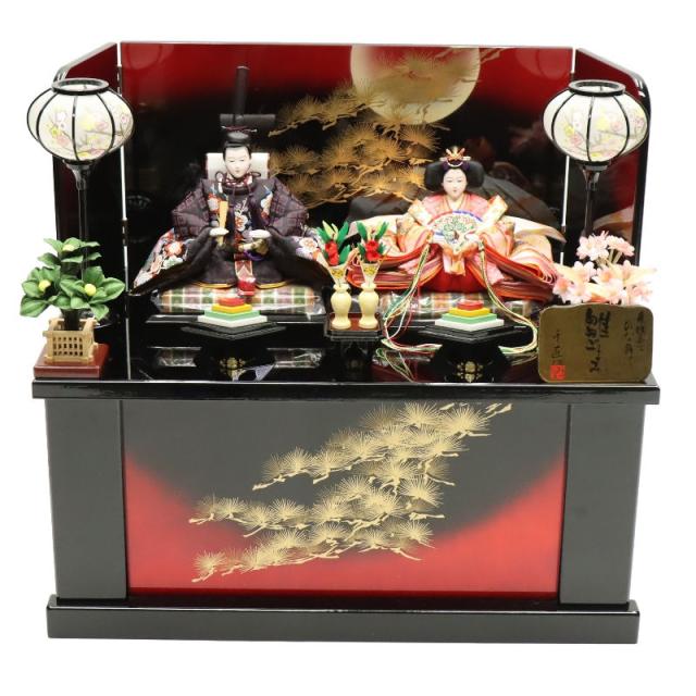 アウトレット品 雛人形 親王 収納飾り 9号 月に松 黒塗り赤ぼかし 幅