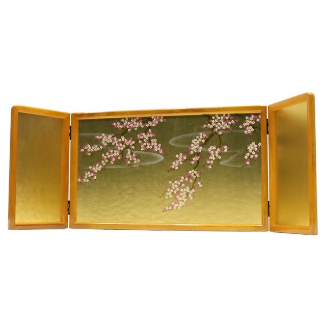 アウトレット品 屏風 単品 12号 金彩桜雲 三曲屏風 木肌 飾り幅：75〜85cm (24a-ya-0505) インテリア ディスプレイ 見切処分品