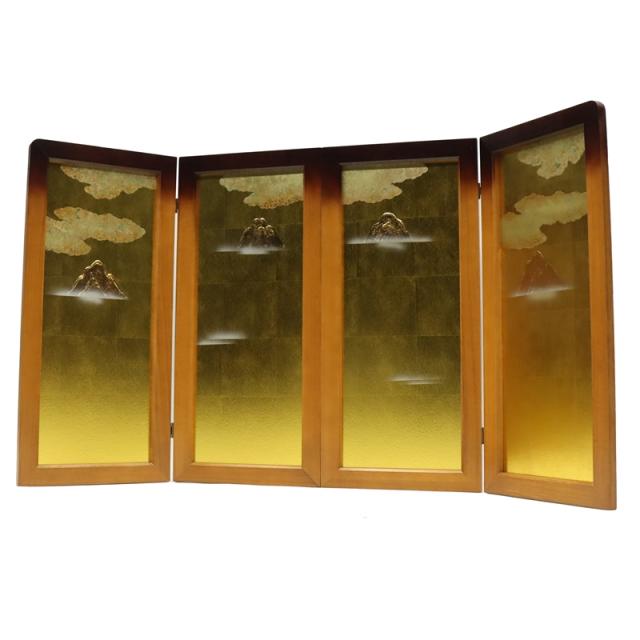 アウトレット品 屏風 屏風のみ 13号 三曲屏風 別誂 家紋入り屏風 焼桐三方枠 丸に木瓜 530062-13 23a-ya-0173 アウトレット品 屏風 単品 23号 山に雲 四曲屏風 木肌 飾り幅：90