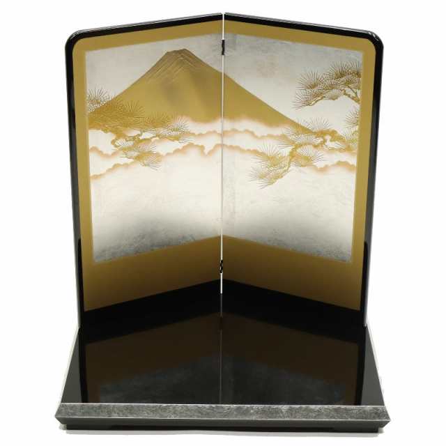 アウトレット品 台屏風セット 60cm 金富士に松二曲屏風 /黒塗り台 幅60cm (24a-ya-0522) インテリア ディスプレイ 見切処分品