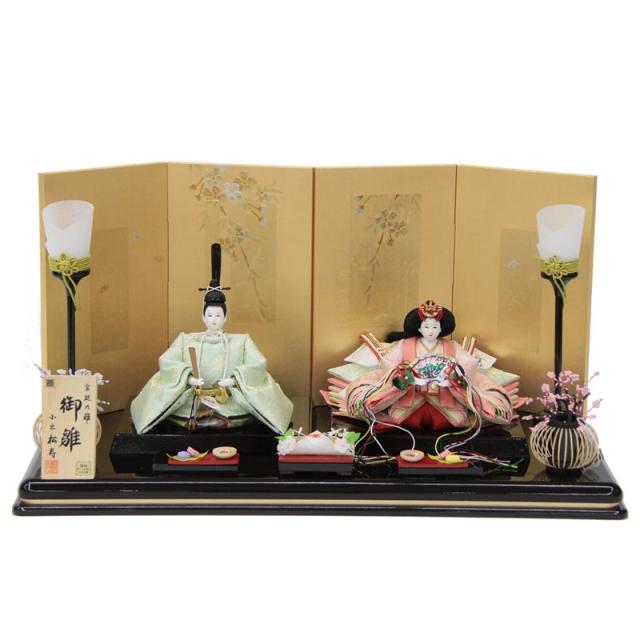 雛人形 親王平飾り 小出松寿 高雄 京十二番 グリーン唐草牡丹 hn399 hs841 幅60cm 裏箔金桜屏風 2人 (24hina-ya-to0846) ひな人形 雛祭の通販は