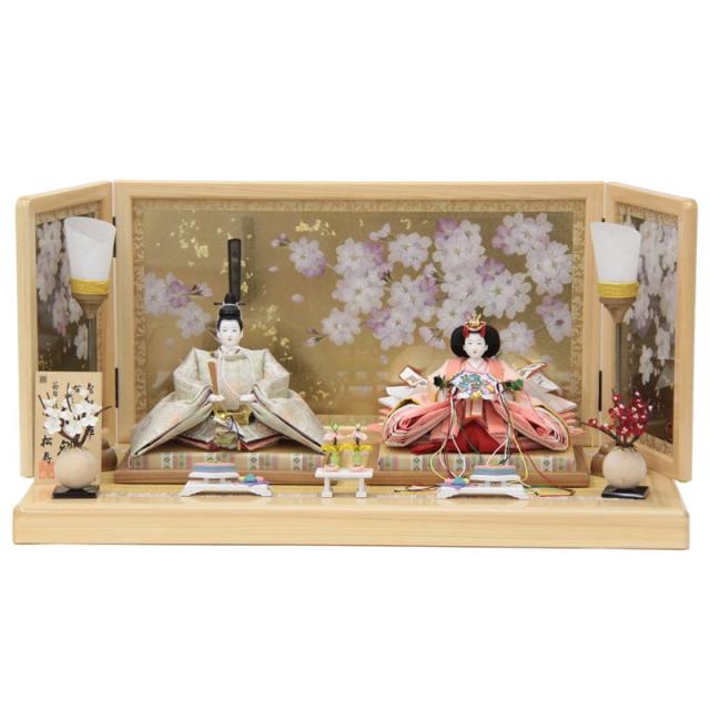 雛人形 親王平飾り 小出松寿 名物裂 京十一番 薄ピンク地 hn396 hs1584 幅69cm 押し花屏風 さくら雅 桧 (24hina-ya-to1616) ひな人形 雛祭の通販は