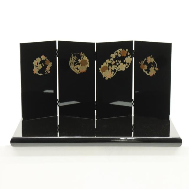 アウトレット品 インテリア 台屏風セット 60cm 花丸 黒塗り 四曲屏風