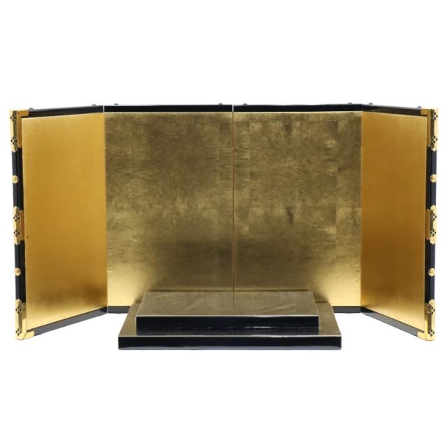アウトレット品 台屏風セット 四曲金屏風 13号 ゴールド 黒塗台 レトロ