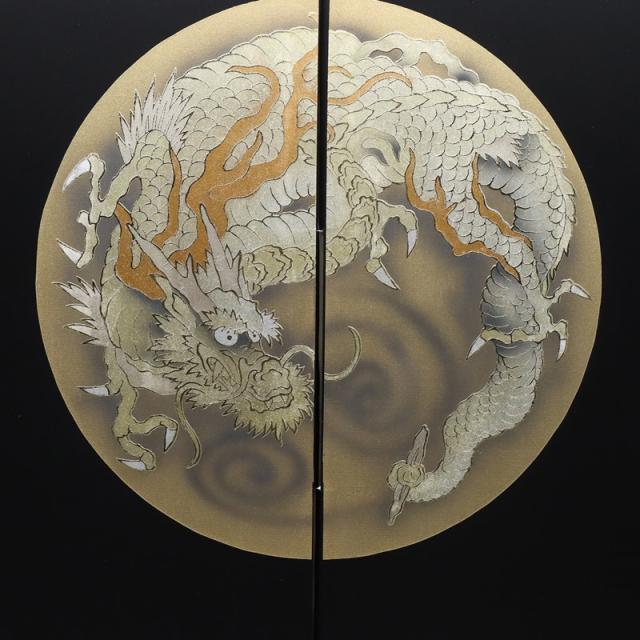 アウトレット品 屏風単品 二曲屏風 4尺 黒シルク 天空の龍 レトロ アート