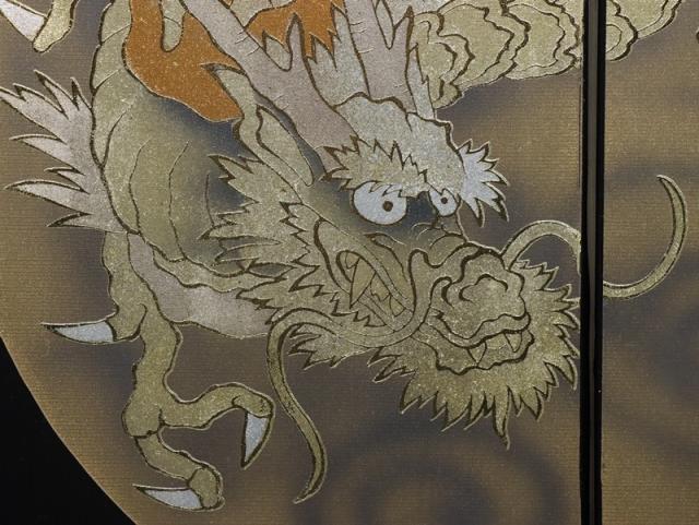 アウトレット品 屏風単品 二曲屏風 4尺 黒シルク 天空の龍 レトロ アート