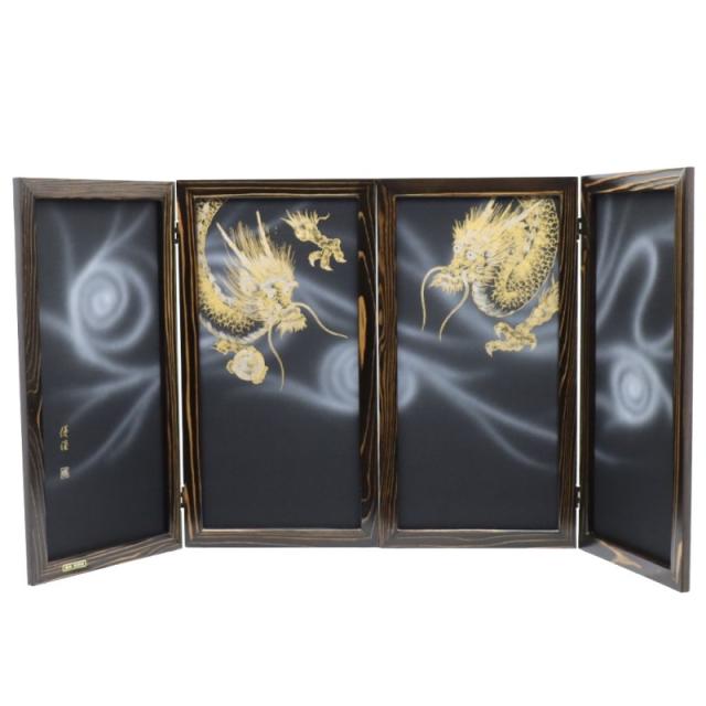 古い木板　展示台　オブジェ　抽象画 アウトレット品 屏風単品 二曲一双屏風 25号 ブラック 手描き龍 レトロ