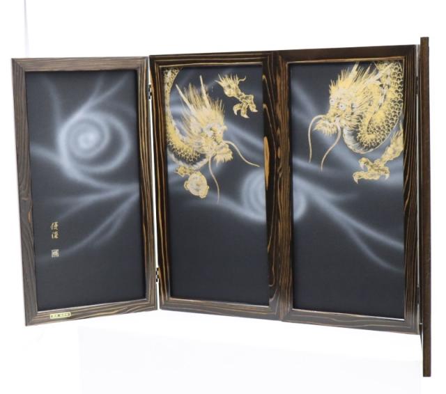 アウトレット品 屏風単品 二曲一双屏風 25号 ブラック 手描き龍 レトロ