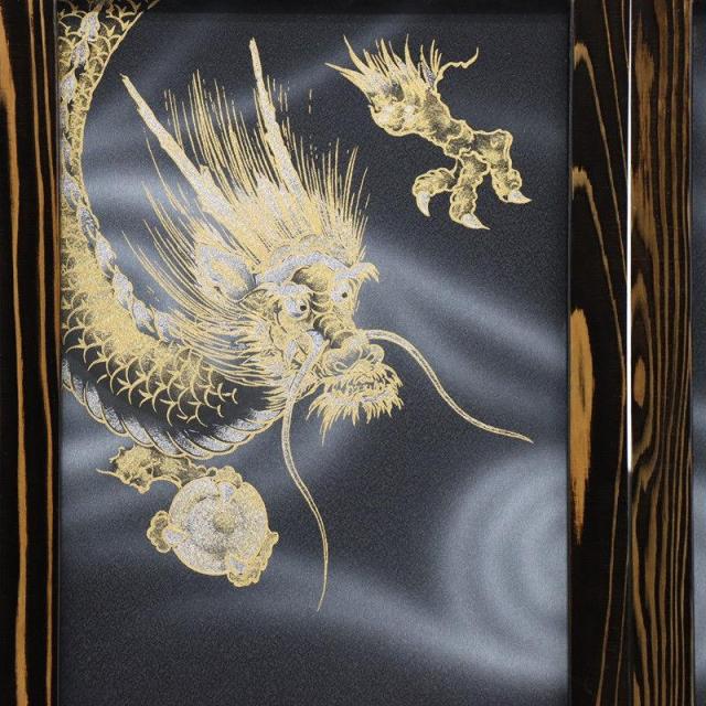 アウトレット品 屏風単品 二曲一双屏風 25号 ブラック 手描き龍 レトロ