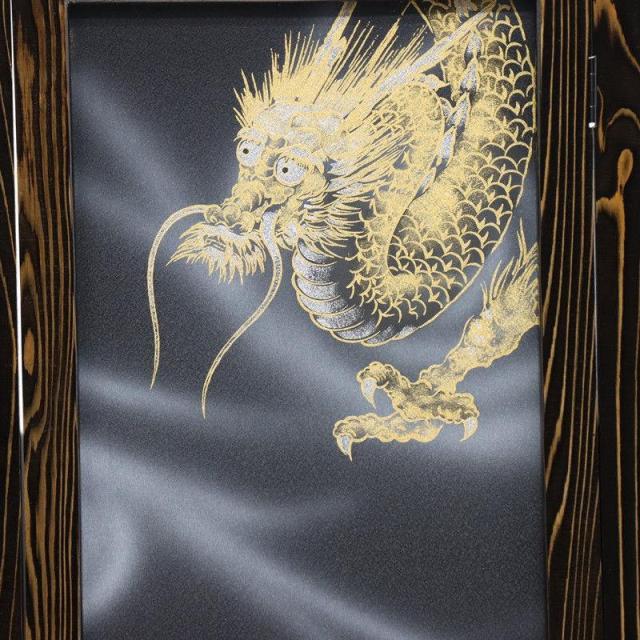 アウトレット品 屏風単品 二曲一双屏風 25号 ブラック 手描き龍 レトロ
