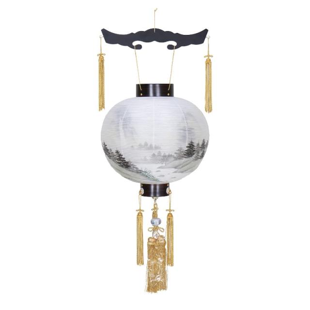 盆提灯 八女提灯 吊り提灯 御殿丸 黒檀絹二重絵入 13号 長さ95cm （P15)(8058-13155ac) 下げ提灯（吊り提灯） LED電池式 初盆 お盆