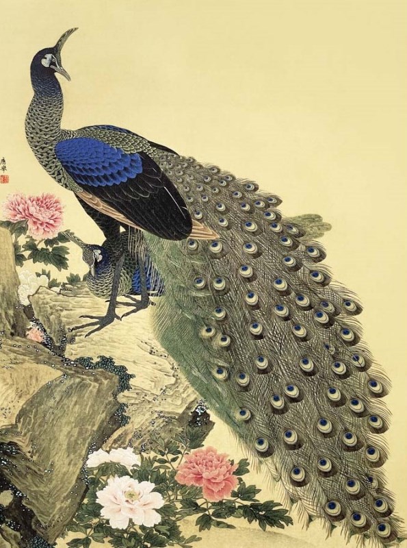 山応挙 牡丹孔雀図 f8サイズ 日本の名画シリーズ Okyo gk-a5-j2098-f8（