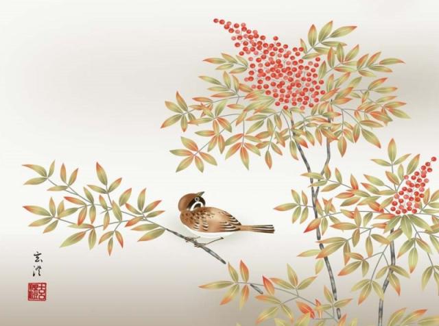 額絵 清水玄澄 南天に雀 f8サイズ 現代日本画シリーズ 花鳥画