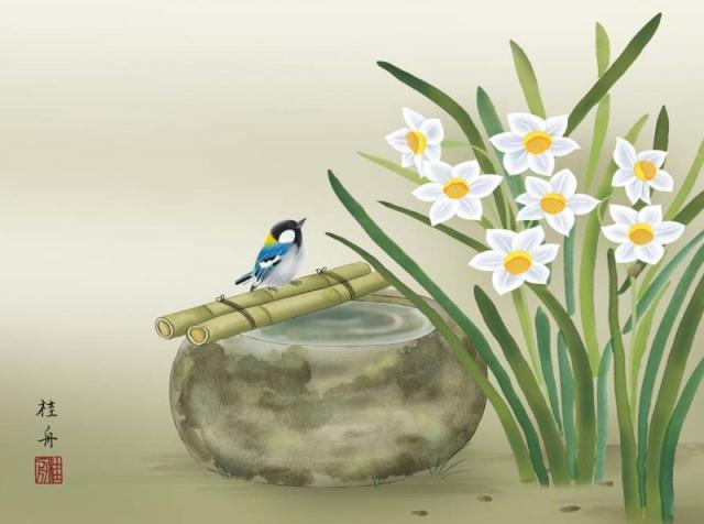 額絵 長江桂舟 水仙に小鳥 f8サイズ 現代日本画シリーズ 花鳥画 冬