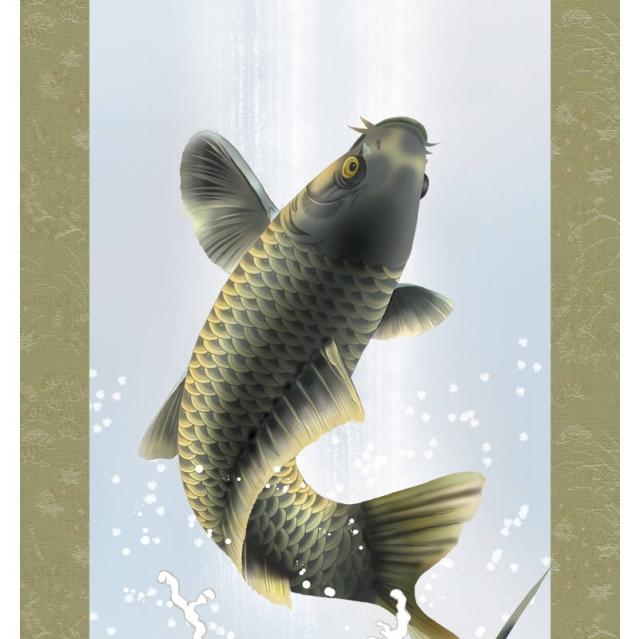 真作⁄桂華⁄開運跳鯉図⁄桐共箱付⁄布袋