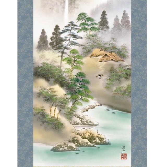 掛軸 年中飾り山水画 彩色山水 悠景彩遷 尺三 伊藤渓山 [KZ2MB1-