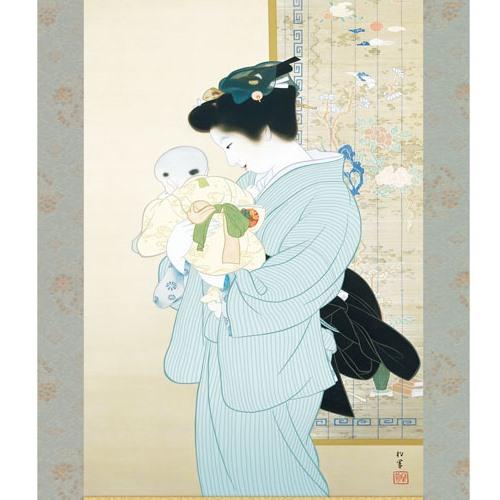 本格ミニ掛軸 日本の名画 上村松園 [母子] 新絹本 [KM3R1-017] 松園名画掛軸