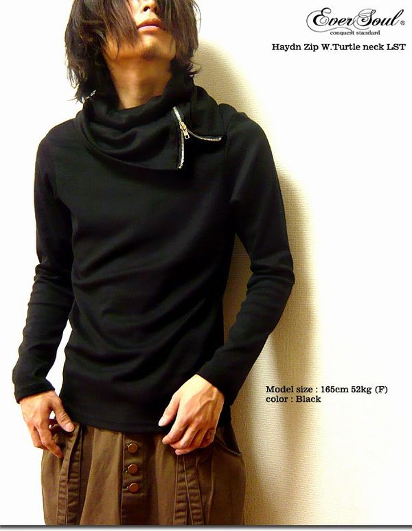 長袖 Tシャツ カットソー トップス メンズファッション サロン系　きれいめシルエット　Wタートル　ジッパーネックロンT ジッパー使い