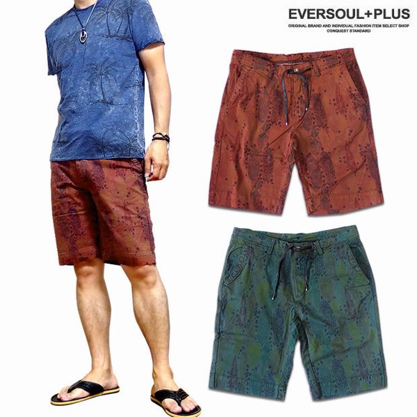 ショート ハーフパンツ ボトムス パンツ メンズファッション 夏ヘビロテ ネイティブ ビンテージ ボタニカルフェザープリント 夏 羽根